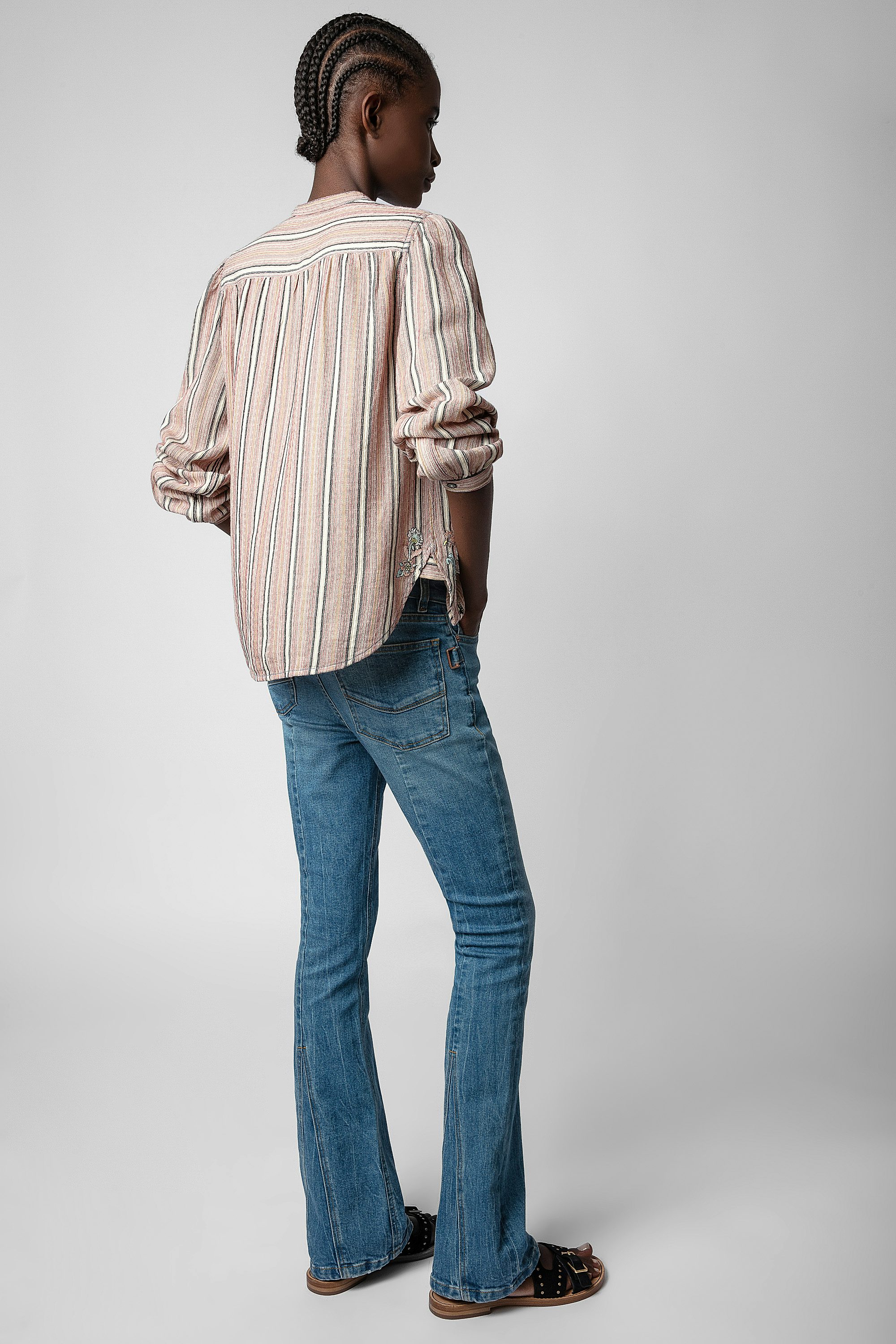 Camicetta Teda - Camicetta in cotone rosa a righe con ricami floreali - Donna